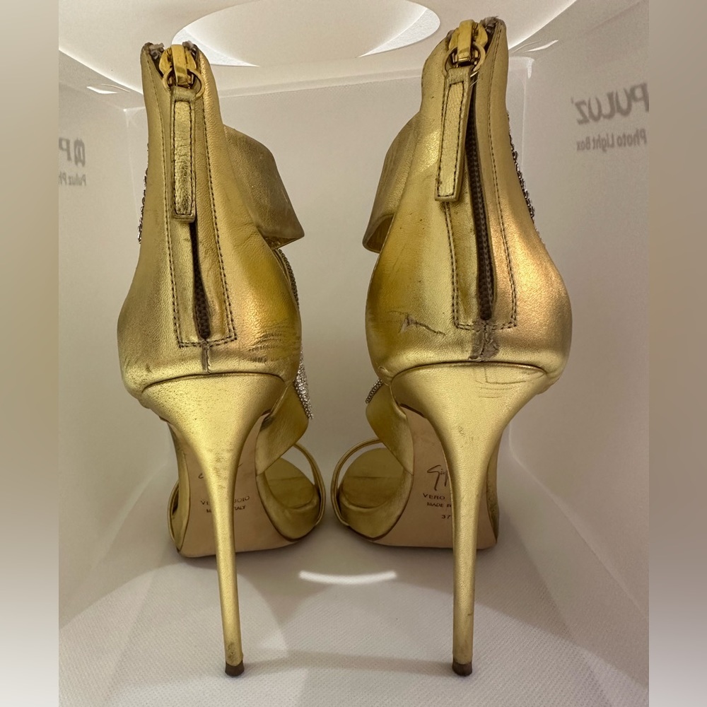 Giuseppe Zanotti Gold Leather Crystal Evening Heels Size 37 - Picture 7 of 10
